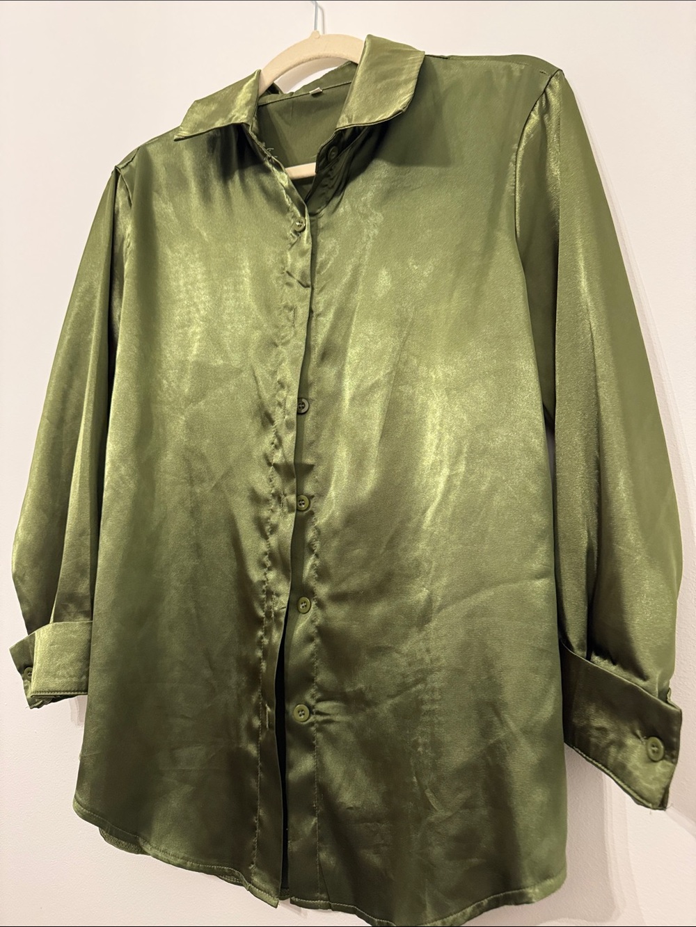 Olive Green Satin Button-Up Shirt - Picture 3 of 4